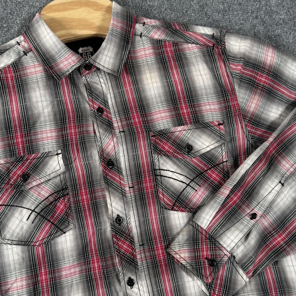 Route 66 Shirt Mens Large Red Gray Plaid Pearl Snap Western Long Sleeve Pockets‎